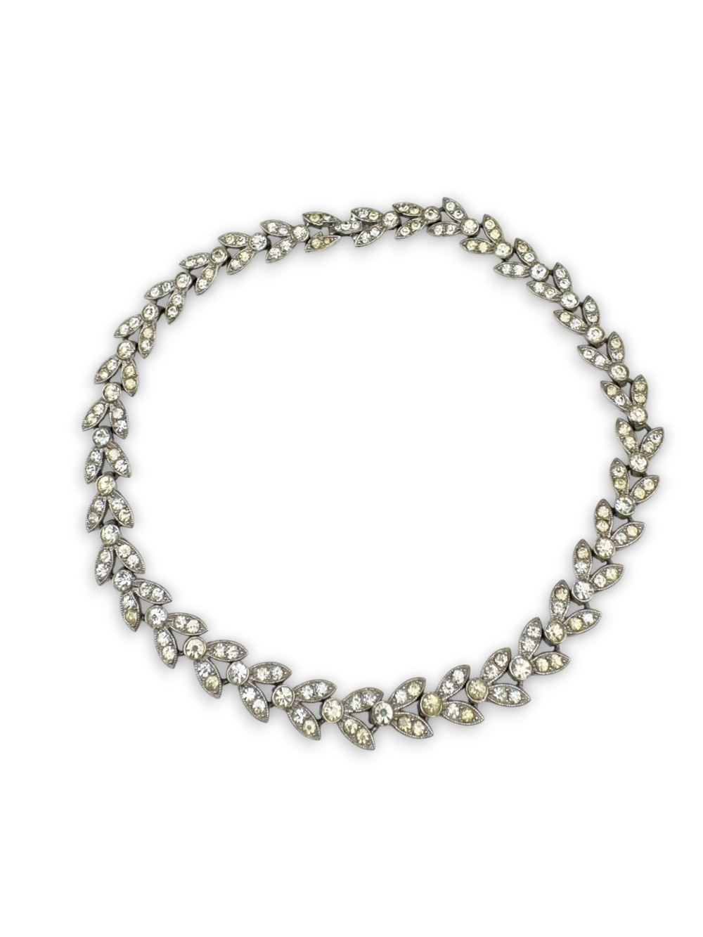 Vintage Art Deco Rhodium Plated Pave Set Rhinestone Laurel Leaf Collar Necklace